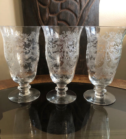 Juice / Water Glasses.  Tiffin's Byzantine  Pattern.  Five Small Etched Footed Tumblers. - Tampa Home & Garden Store
