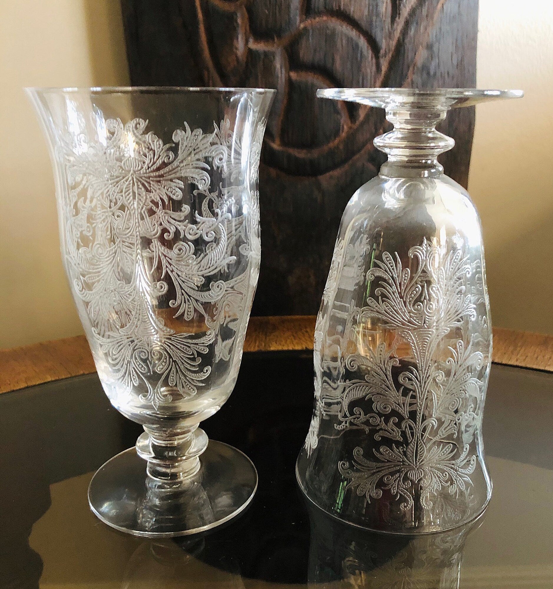 Juice / Water Glasses.  Tiffin's Byzantine  Pattern.  Five Small Etched Footed Tumblers. - Tampa Home & Garden Store