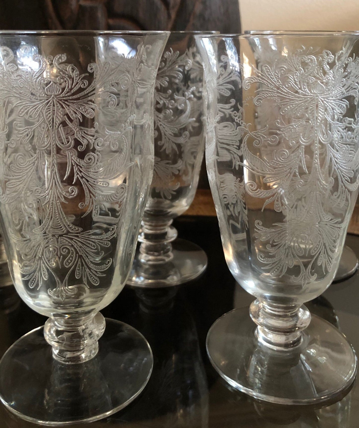 Juice / Water Glasses.  Tiffin's Byzantine  Pattern.  Five Small Etched Footed Tumblers. - Tampa Home & Garden Store