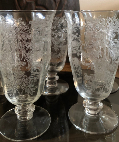 Juice / Water Glasses.  Tiffin's Byzantine  Pattern.  Five Small Etched Footed Tumblers. - Tampa Home & Garden Store