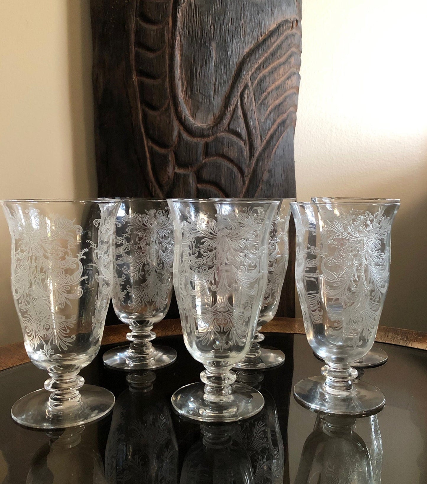 Juice / Water Glasses.  Tiffin's Byzantine  Pattern.  Five Small Etched Footed Tumblers. - Tampa Home & Garden Store