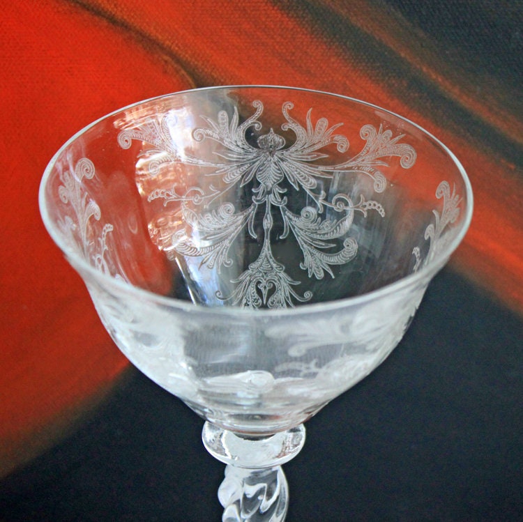 Juice / Water Glasses.  Tiffin's Byzantine  Pattern.  Five Small Etched Footed Tumblers. - Tampa Home & Garden Store