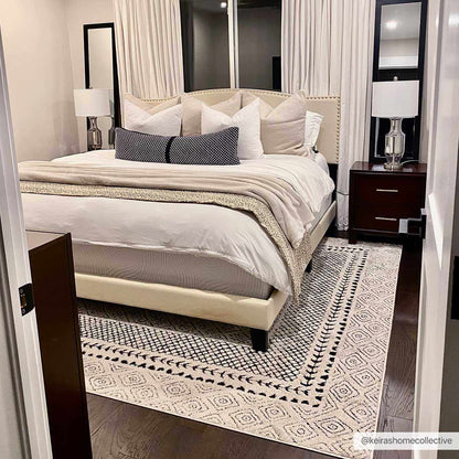 Julio Area Rug by Boutique Rugs, black geometric border on cream/white background on Tampa Home & Garden Store