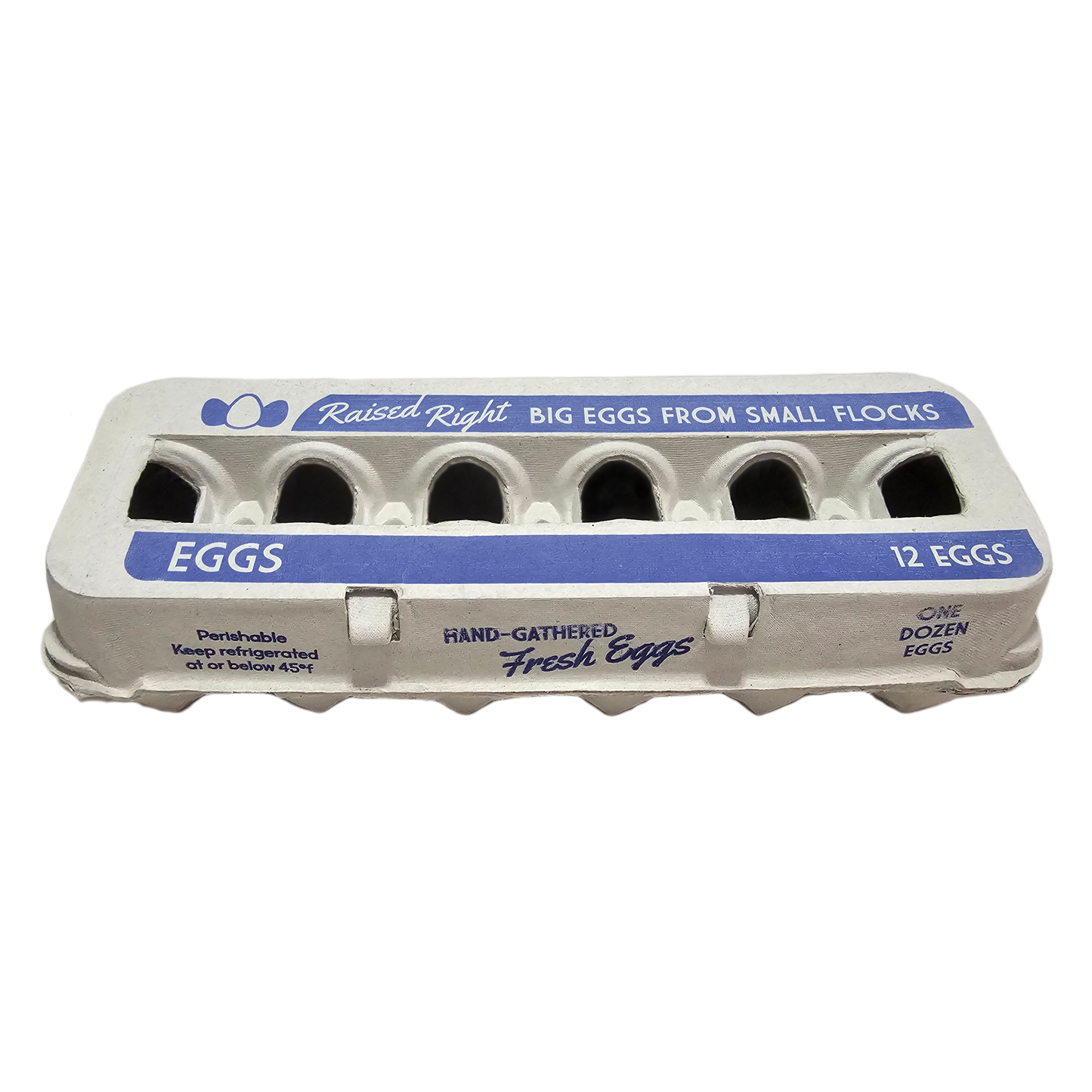 Egg carton for 12 jumbo eggs with blue Raised Right label on white carton on Tampa Home & Garden Store