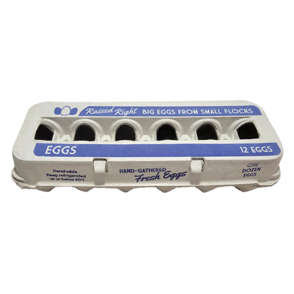 Egg carton for 12 jumbo eggs with blue Raised Right label on white carton on Tampa Home & Garden Store