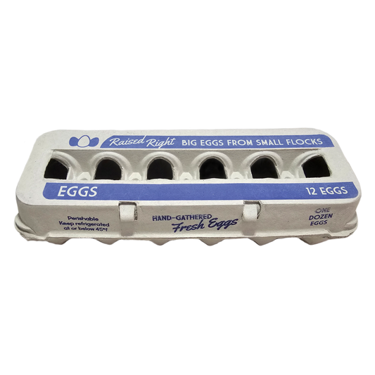 Egg carton for 12 jumbo eggs with blue Raised Right label on white carton on Tampa Home & Garden Store