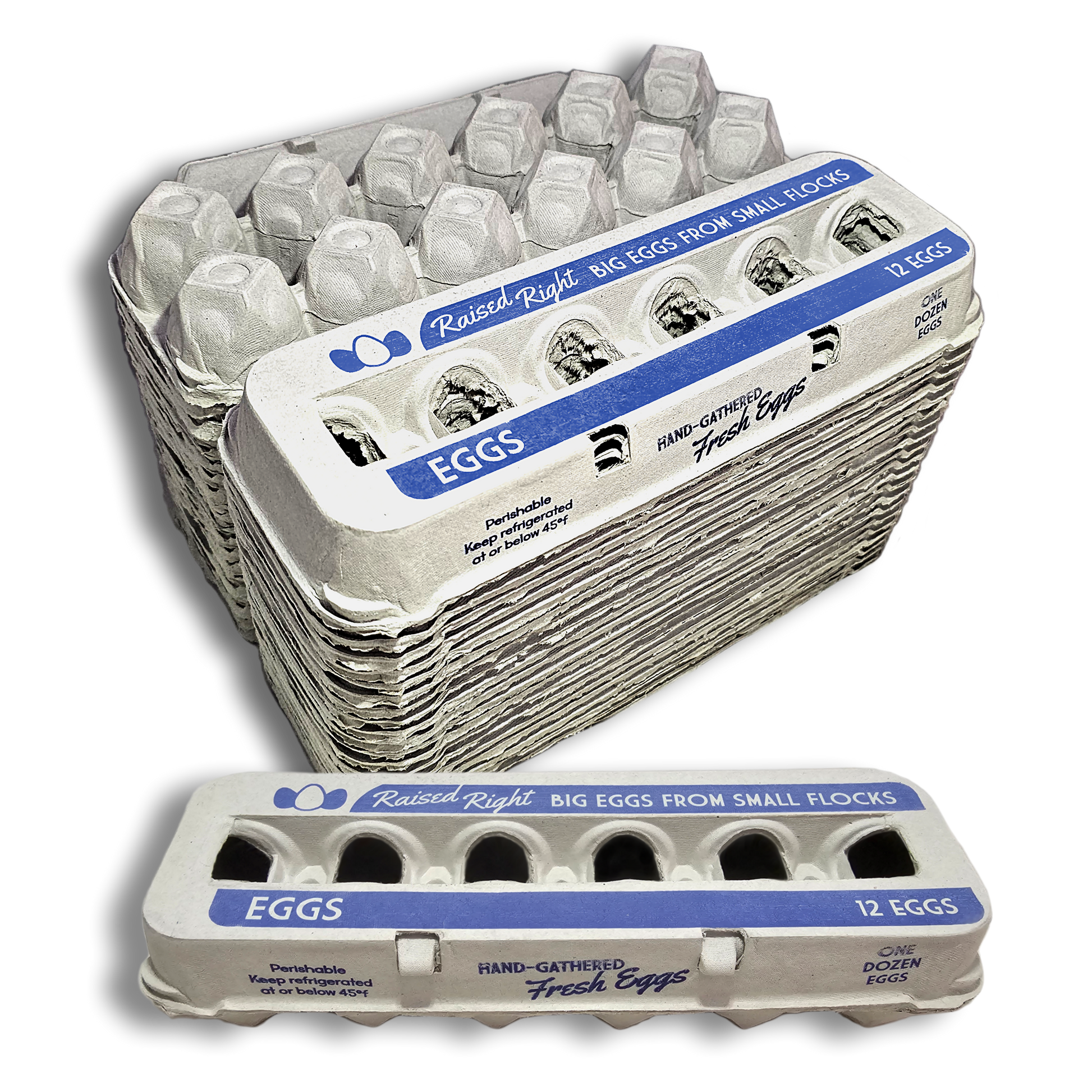 Egg carton with 12 large white eggs and Raised Right label on Tampa Home & Garden Store