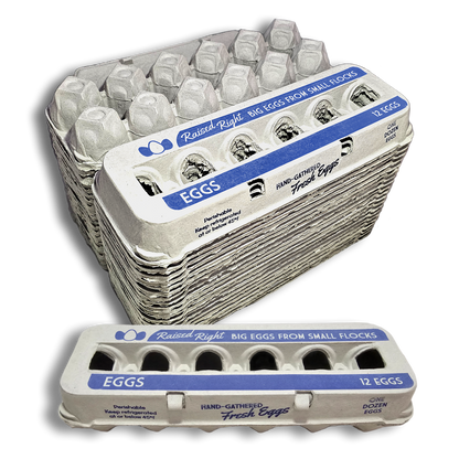 Egg carton with 12 large white eggs and Raised Right label on Tampa Home & Garden Store