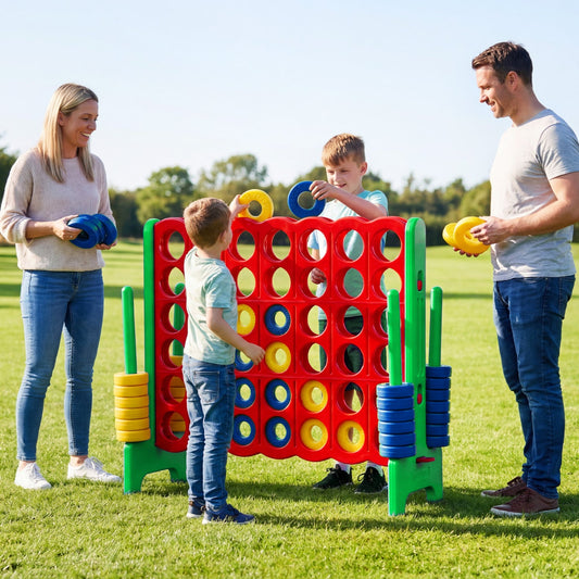 Jumbo 4-to-Score lawn game set by DirectDeals, 3.5ft tall red grid with yellow and blue discs on Tampa Home & Garden Store