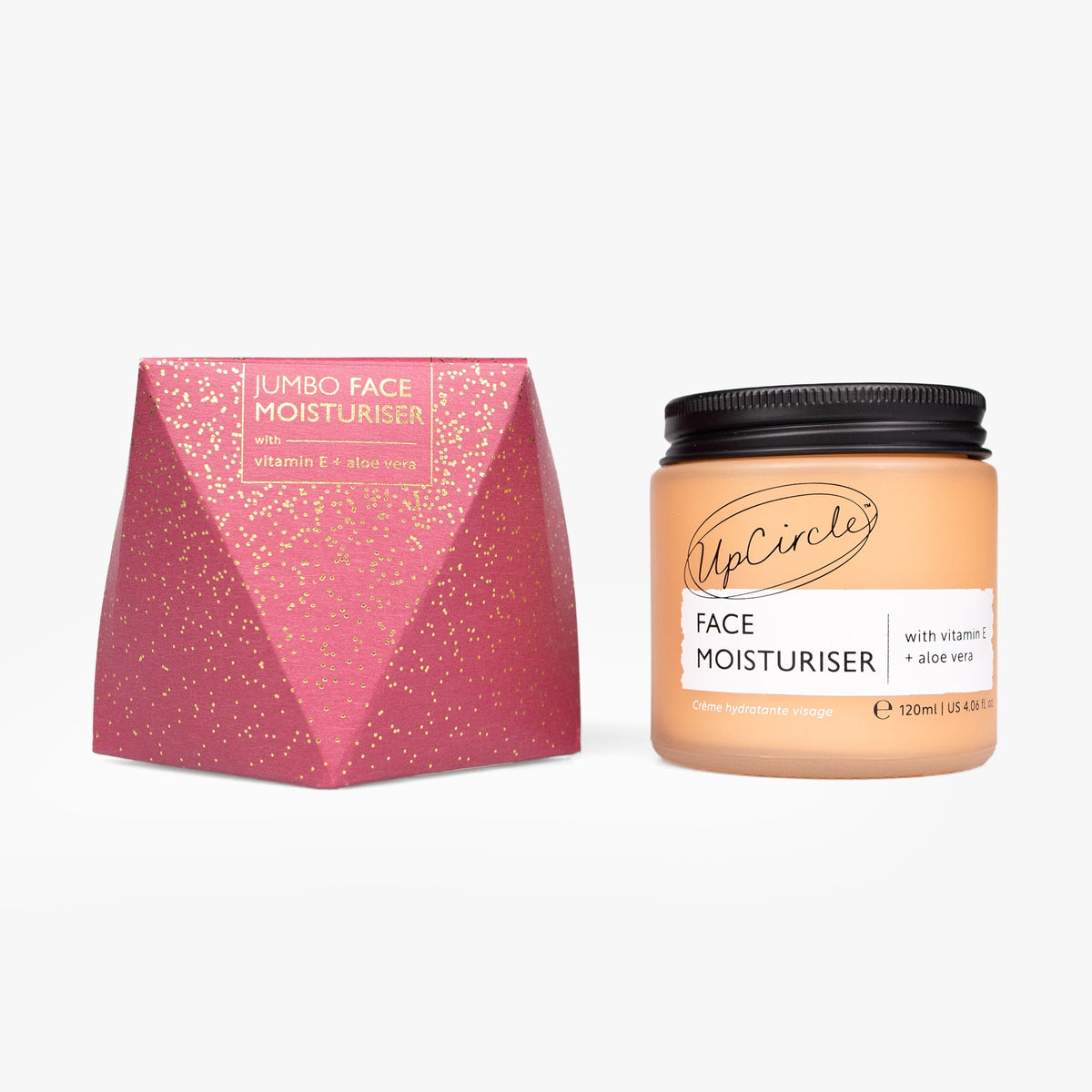 Face Moisturiser Jumbo UpCircle with vitamin E + aloe vera beside pink speckled box on Tampa Home & Garden Store