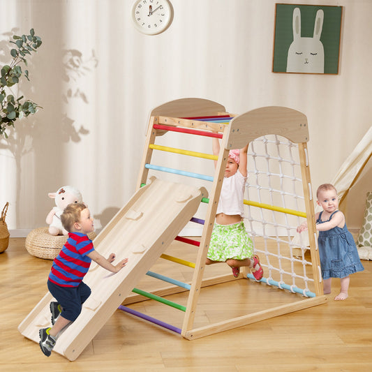 6-in-1 Jungle Gym Wooden Indoor Playground with Double-Sided Ramp and Monkey Bars-Multicolor - Tampa Home & Garden Store