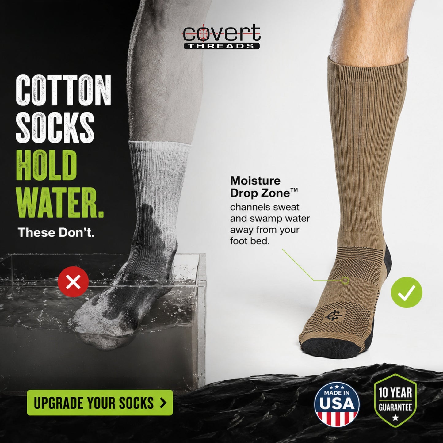 Jungle Sock military tactical crew sock pair by Covert Threads in gray and tan ribbed knit on Tampa Home & Garden Store