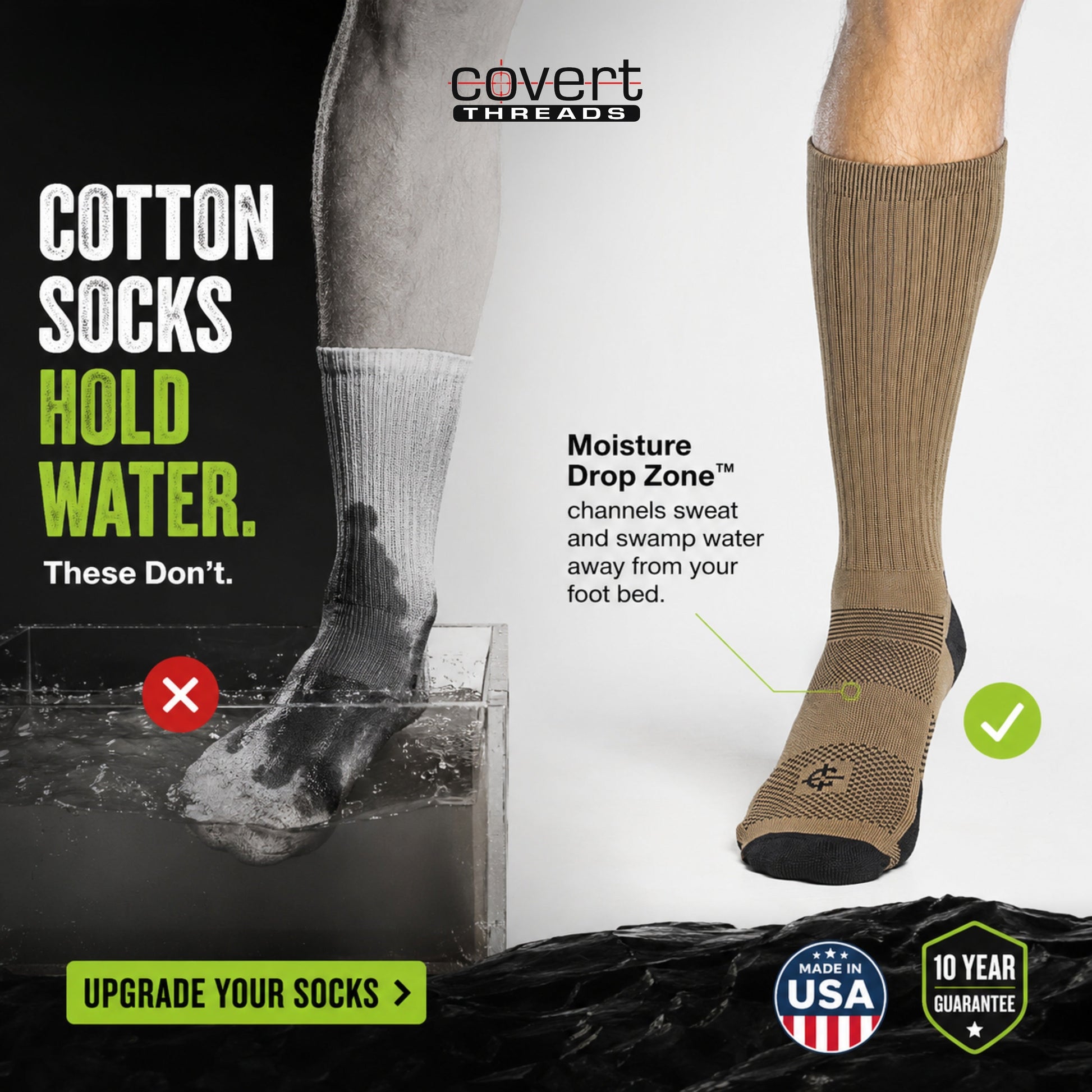 Jungle Sock military tactical crew sock pair by Covert Threads in gray and tan ribbed knit on Tampa Home & Garden Store