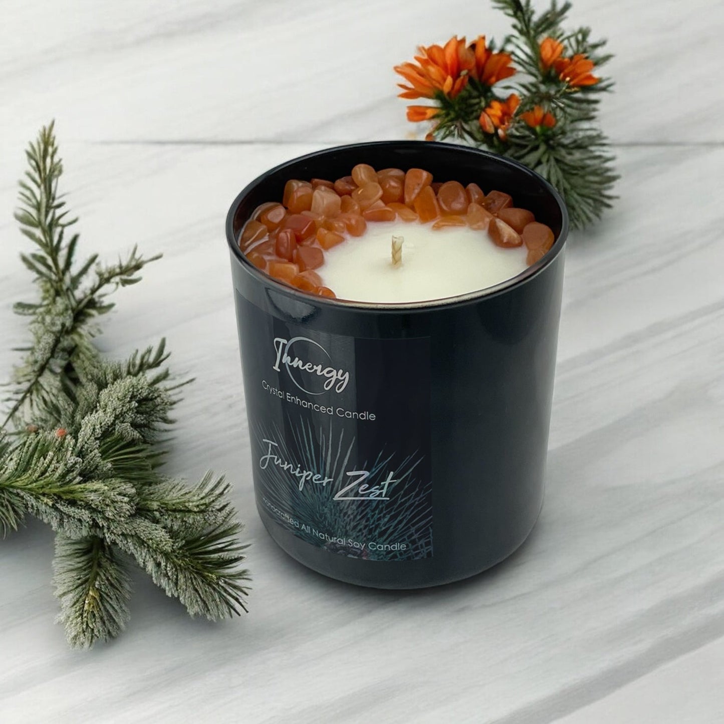Juniper Zest Crystal Candle with Peach Aventurine | Coconut-Soy Wax Candle, 9oz - Tampa Home & Garden Store