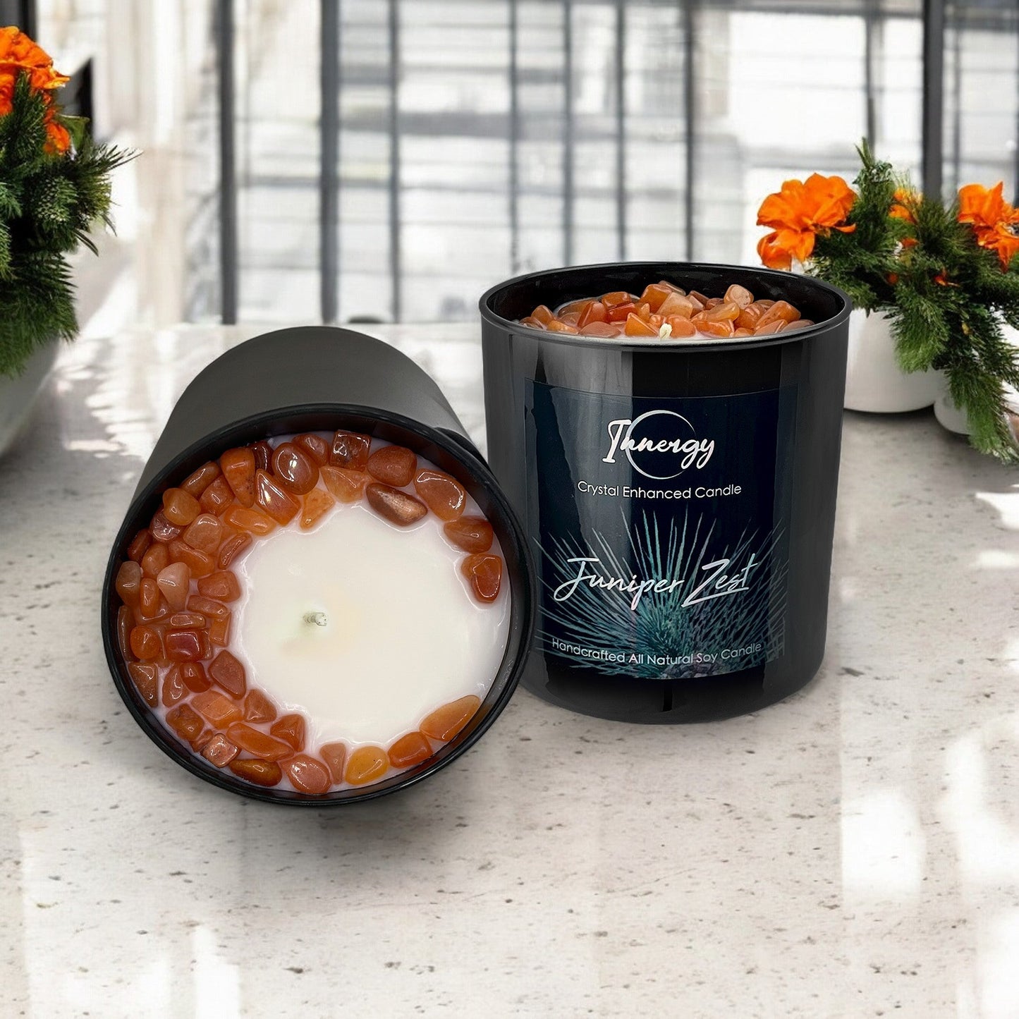 Juniper Zest Crystal Candle with Peach Aventurine | Coconut-Soy Wax Candle, 9oz - Tampa Home & Garden Store