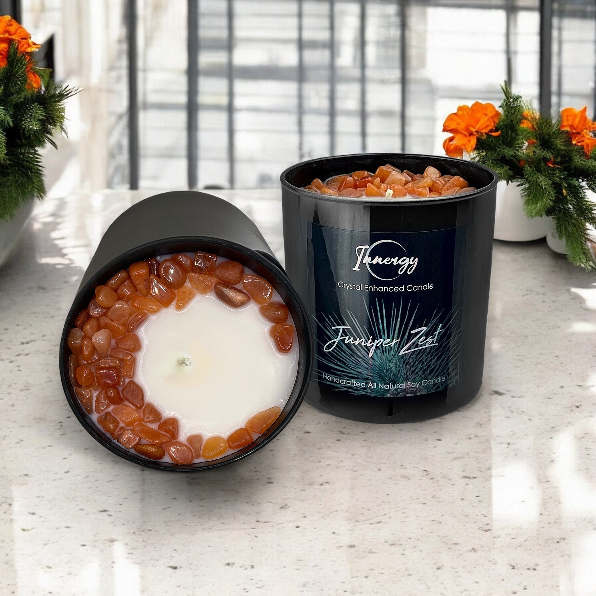 Juniper Zest Crystal Candle with Peach Aventurine | Coconut-Soy Wax Candle, 9oz - Tampa Home & Garden Store