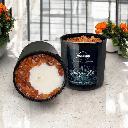 Juniper Zest Crystal Candle with Peach Aventurine | Coconut-Soy Wax Candle, 9oz - Tampa Home & Garden Store