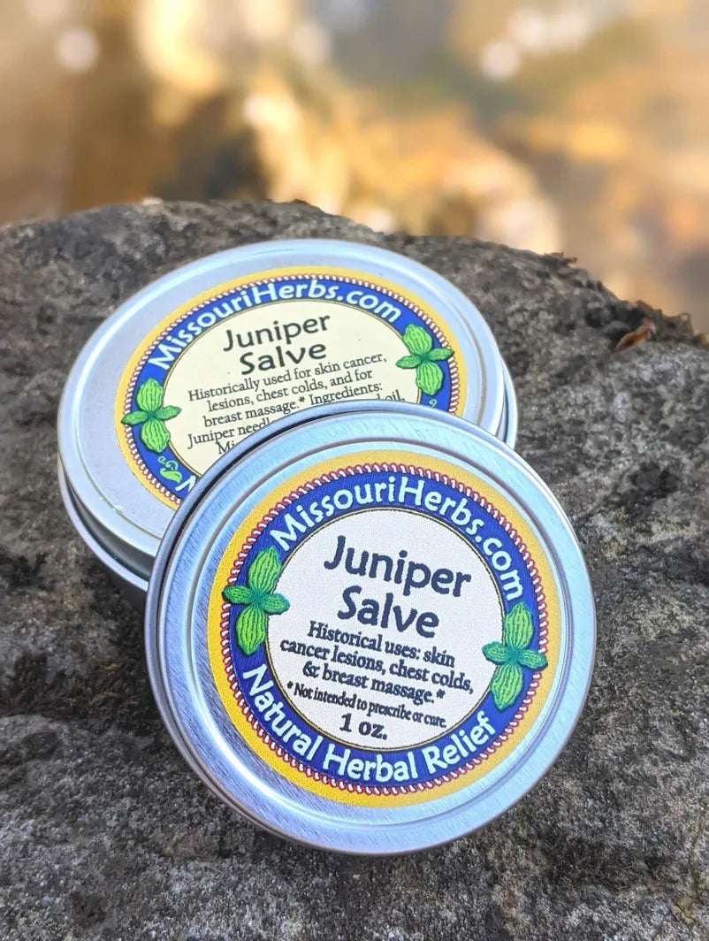 Two Juniper Salve tins with MissouriHerbs.com label and mint leaves, natural herbal relief, 1 oz on Tampa Home & Garden Store