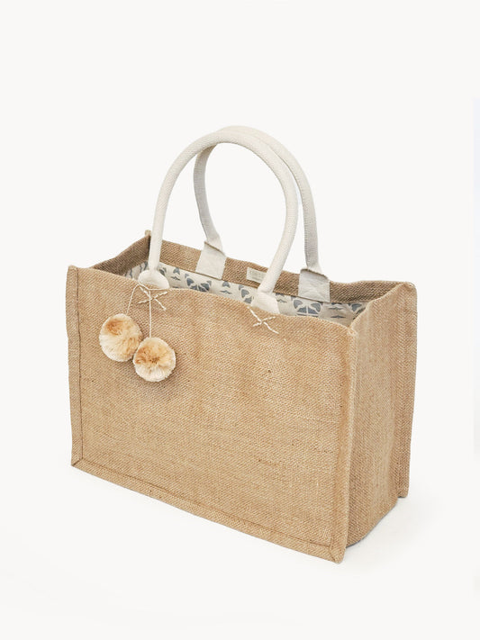 Jute Canvas Shopping Bag With Pompom - Tampa Home & Garden Store