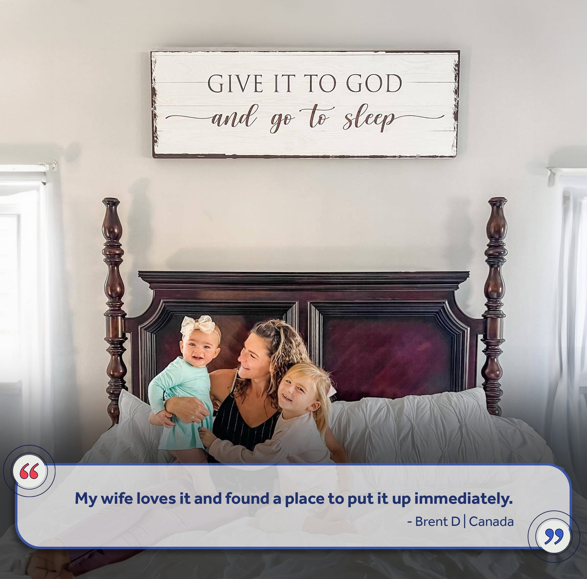 Give It To God And Go To Sleep canvas sign by Tailored Canvases, distressed white frame on Tampa Home & Garden Store