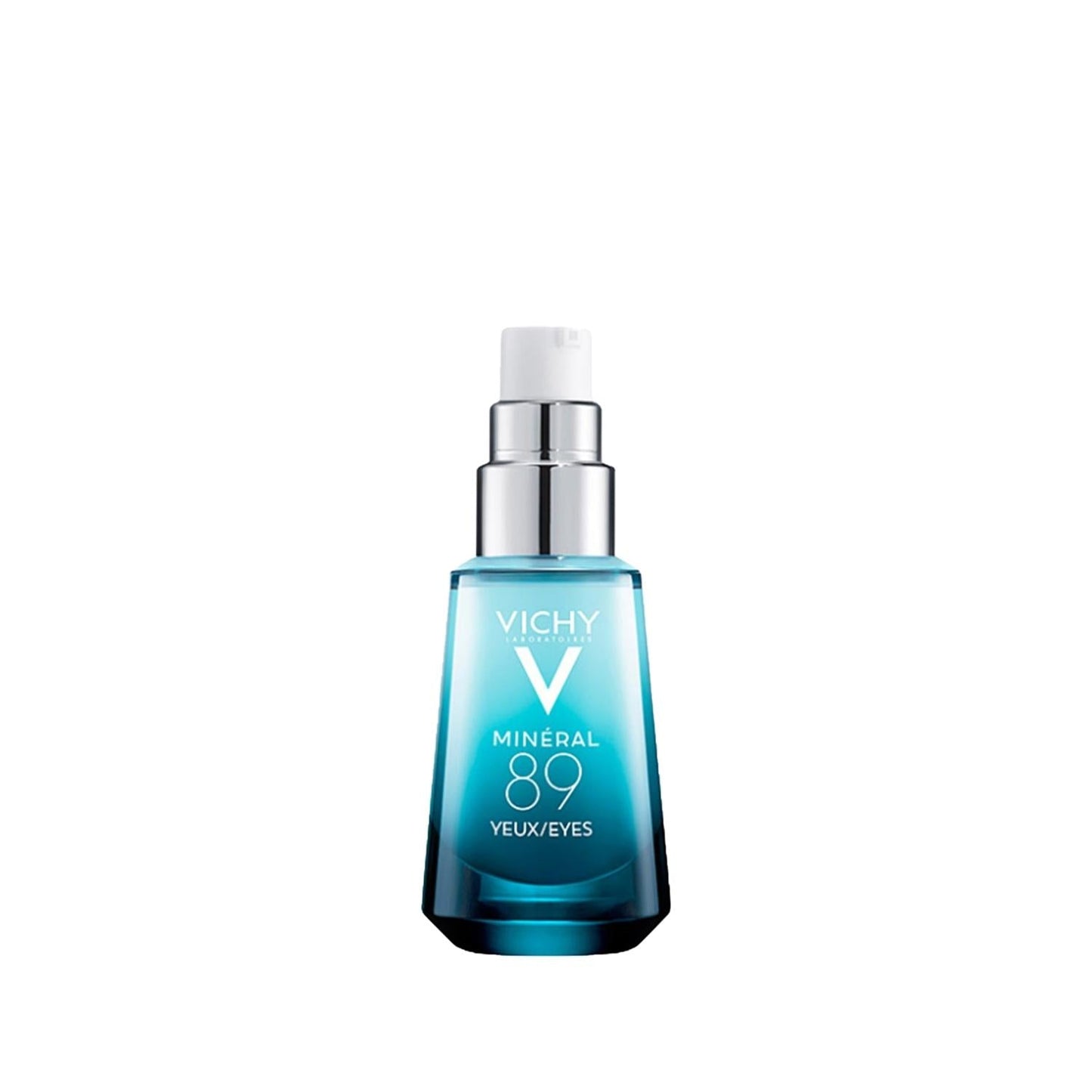 Vichy Minéral 89 Eye Serum, blue glass bottle with silver pump for delicate eye area on Tampa Home & Garden Store