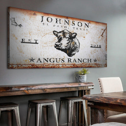 Angus Ranch Sign canvas with rusted, distressed finish and cow head graphic by Tailored Canvases on Tampa Home & Garden Store