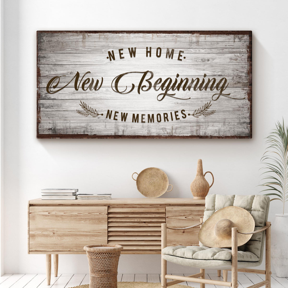 New Home New Beginning Sign canvas by Tailored Canvases; rustic distressed wood plaque on Tampa Home & Garden Store