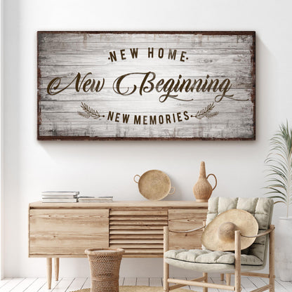 New Home, New Beginning Sign IV canvas wall art with rustic whitewashed wood backdrop on Tampa Home & Garden Store