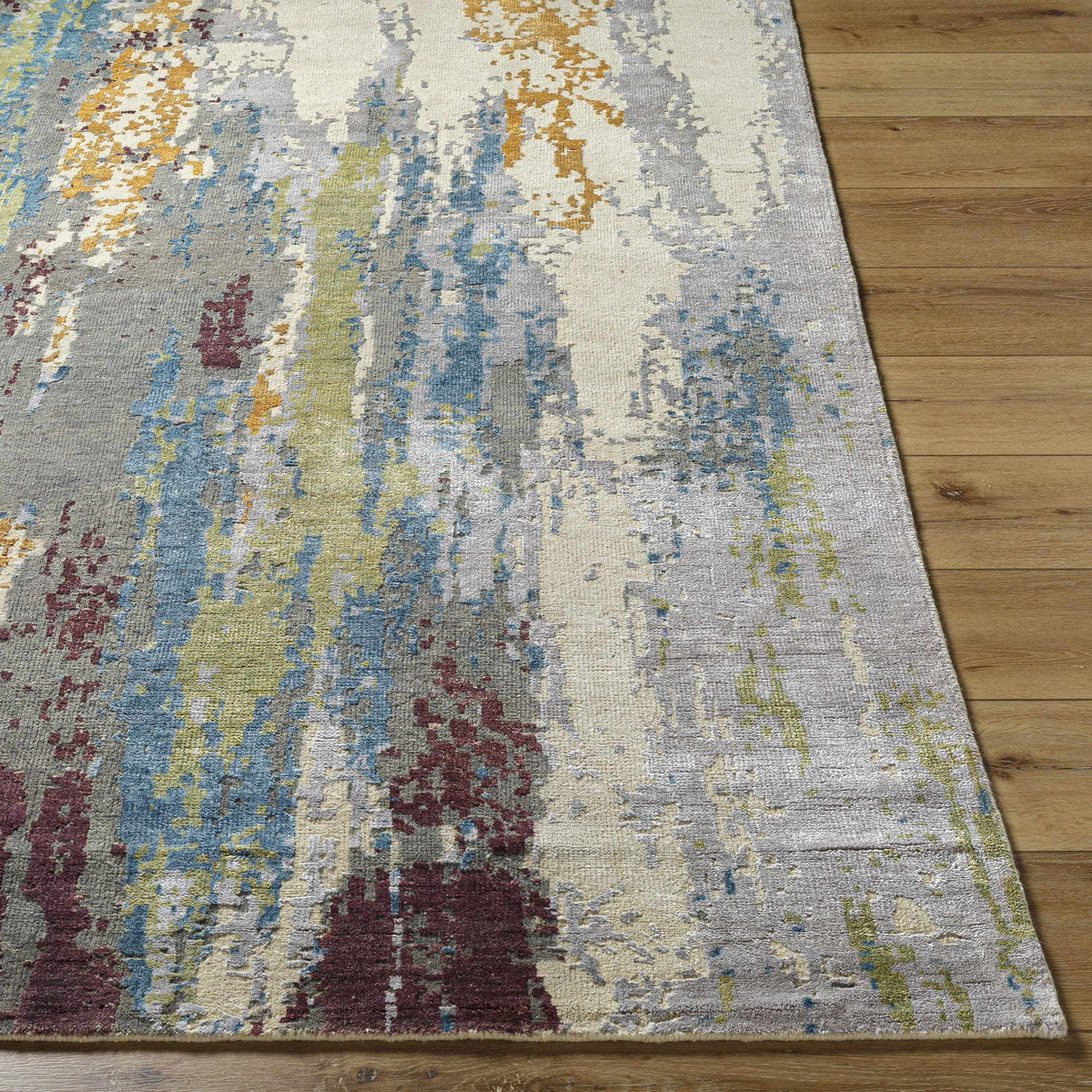 Kabugao Handmade Wool Rug abstract multicolor pattern in blue beige yellow on Boutique Rugs on Tampa Home & Garden Store