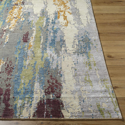 Kabugao Handmade Wool Rug abstract multicolor pattern in blue beige yellow on Boutique Rugs on Tampa Home & Garden Store