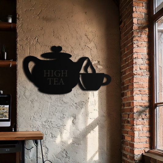 High Tea Teapot & Cup Metal Wall Art – Elegant Black Steel Tea-Time Decor for Kitchen, Café, and Dining Spaces- KAF440