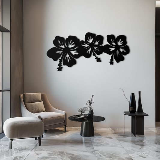 Hibiscus Flower Trio Metal Wall Art – Tropical Floral Silhouette for Home Decor- KAF594