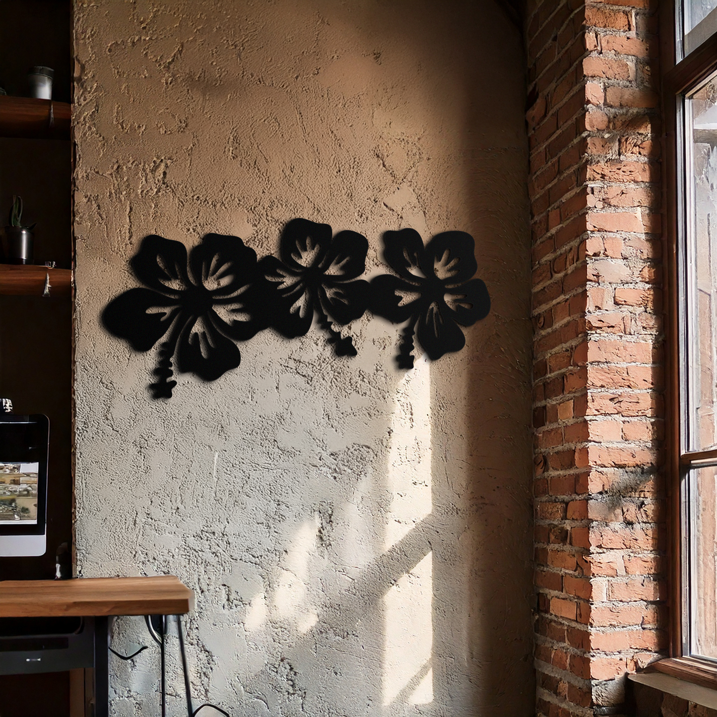 Hibiscus Flower Trio Metal Wall Art – Tropical Floral Silhouette for Home Decor- KAF594