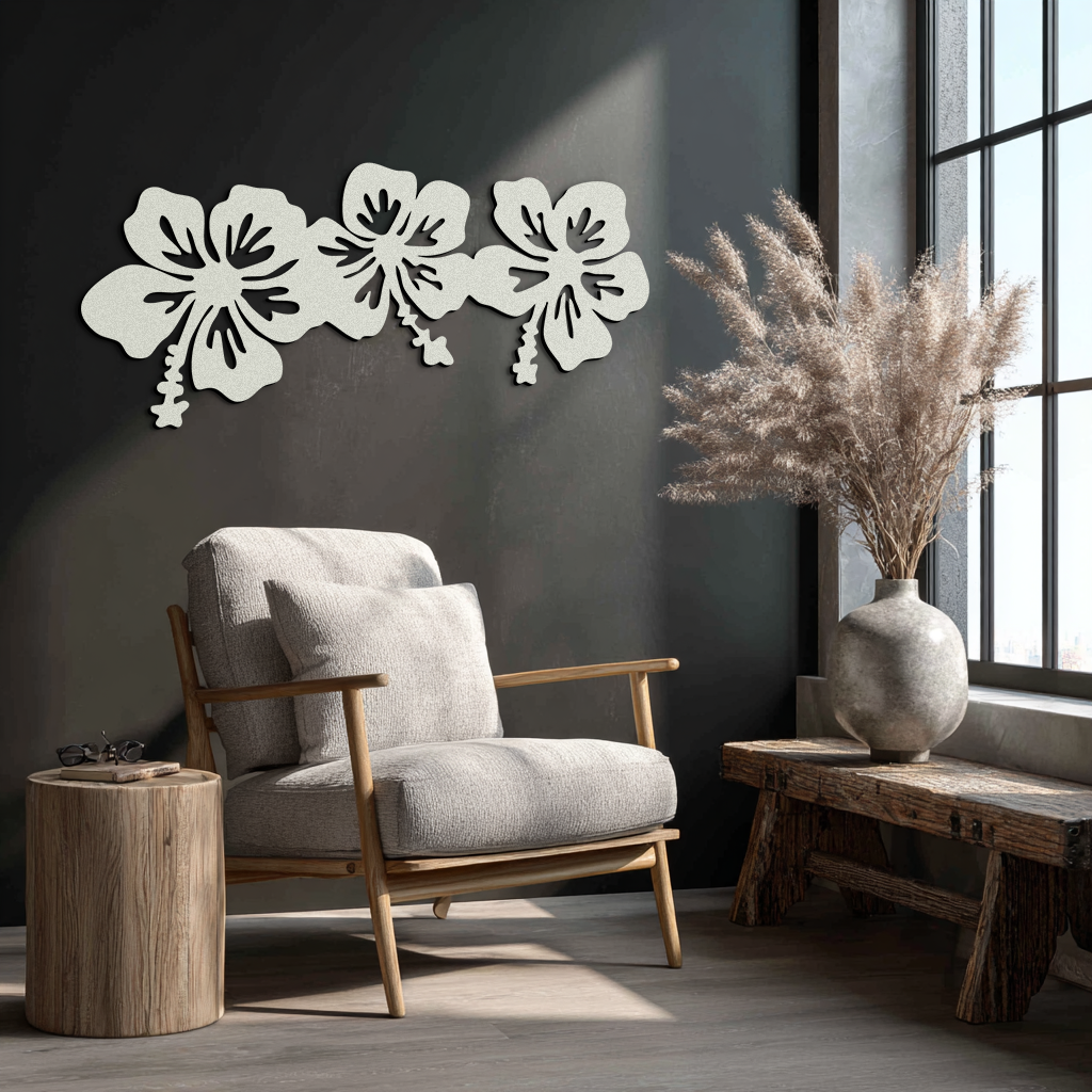 Hibiscus Flower Trio Metal Wall Art – Tropical Floral Silhouette for Home Decor- KAF594