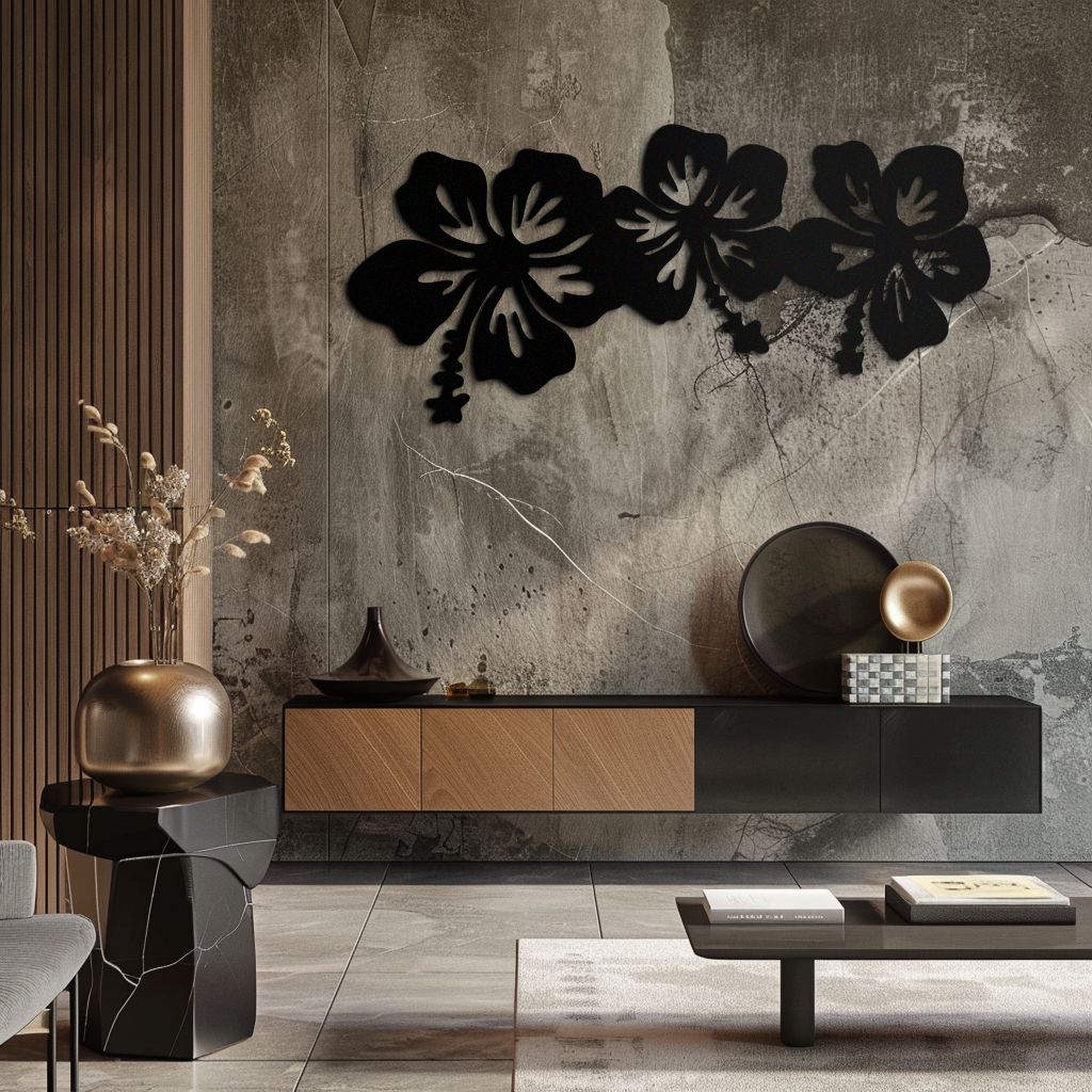 Hibiscus Flower Trio Metal Wall Art – Tropical Floral Silhouette for Home Decor- KAF594