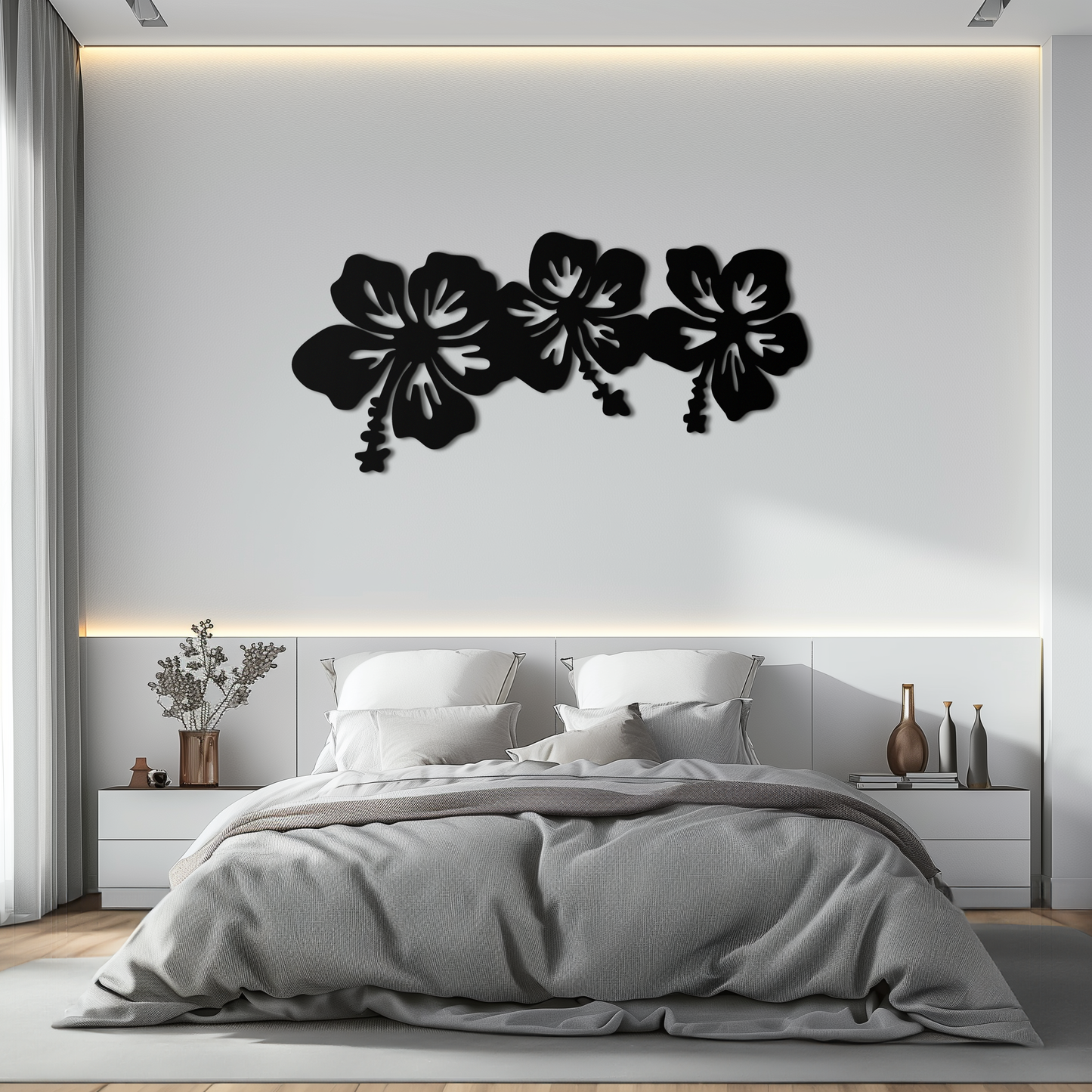 Hibiscus Flower Trio Metal Wall Art – Tropical Floral Silhouette for Home Decor- KAF594