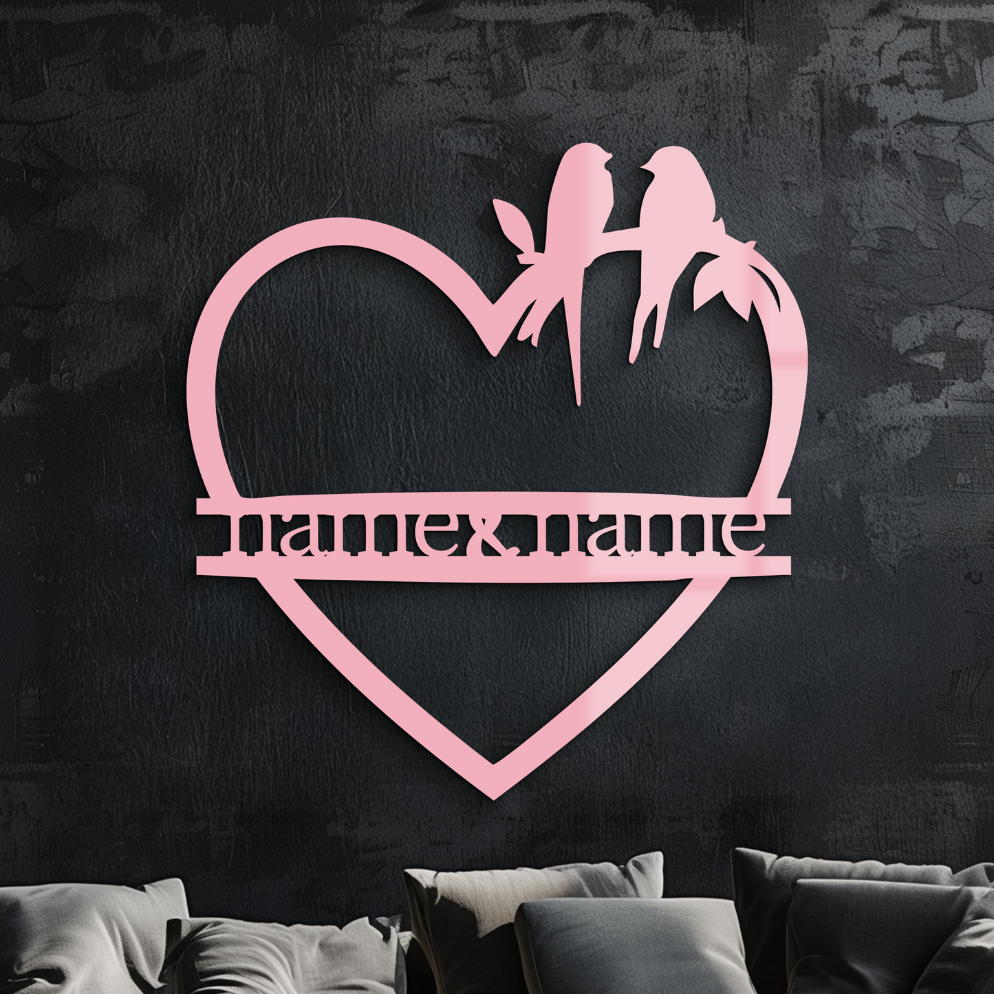 Personalized Heart Metal Wall Art with Birds – Custom Name Couple Gift - KAFGP148
