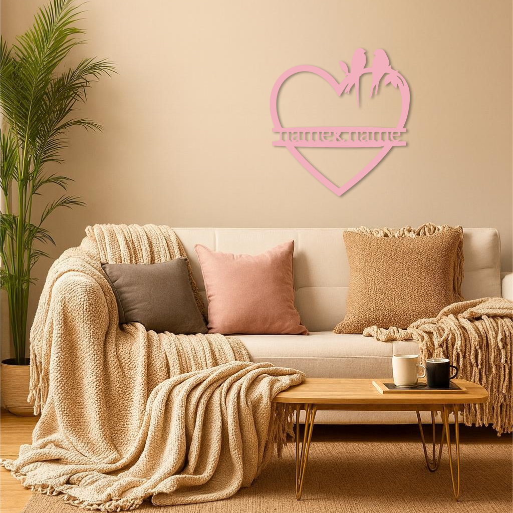 Personalized Heart Metal Wall Art with Birds – Custom Name Couple Gift - KAFGP148