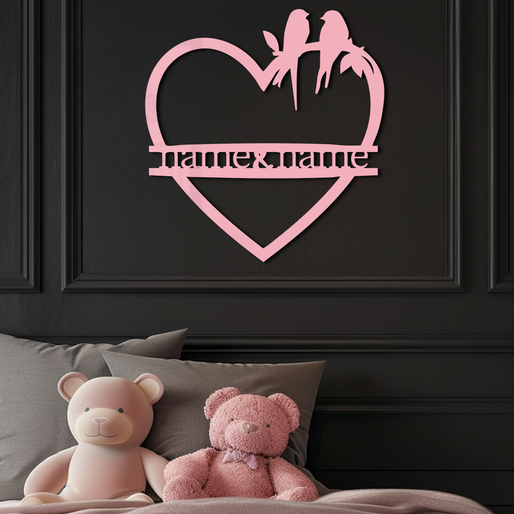 Personalized Heart Metal Wall Art with Birds – Custom Name Couple Gift - KAFGP148