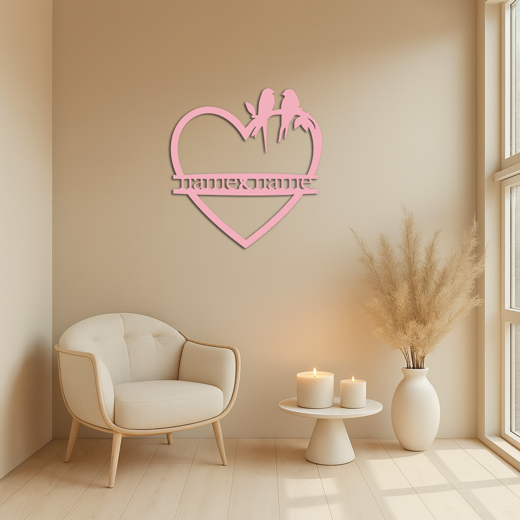 Personalized Heart Metal Wall Art with Birds – Custom Name Couple Gift - KAFGP148
