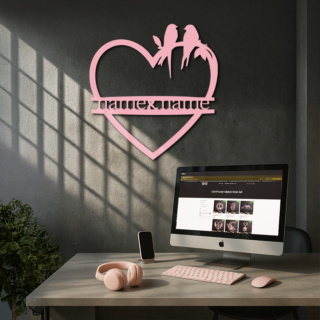 Personalized Heart Metal Wall Art with Birds – Custom Name Couple Gift - KAFGP148