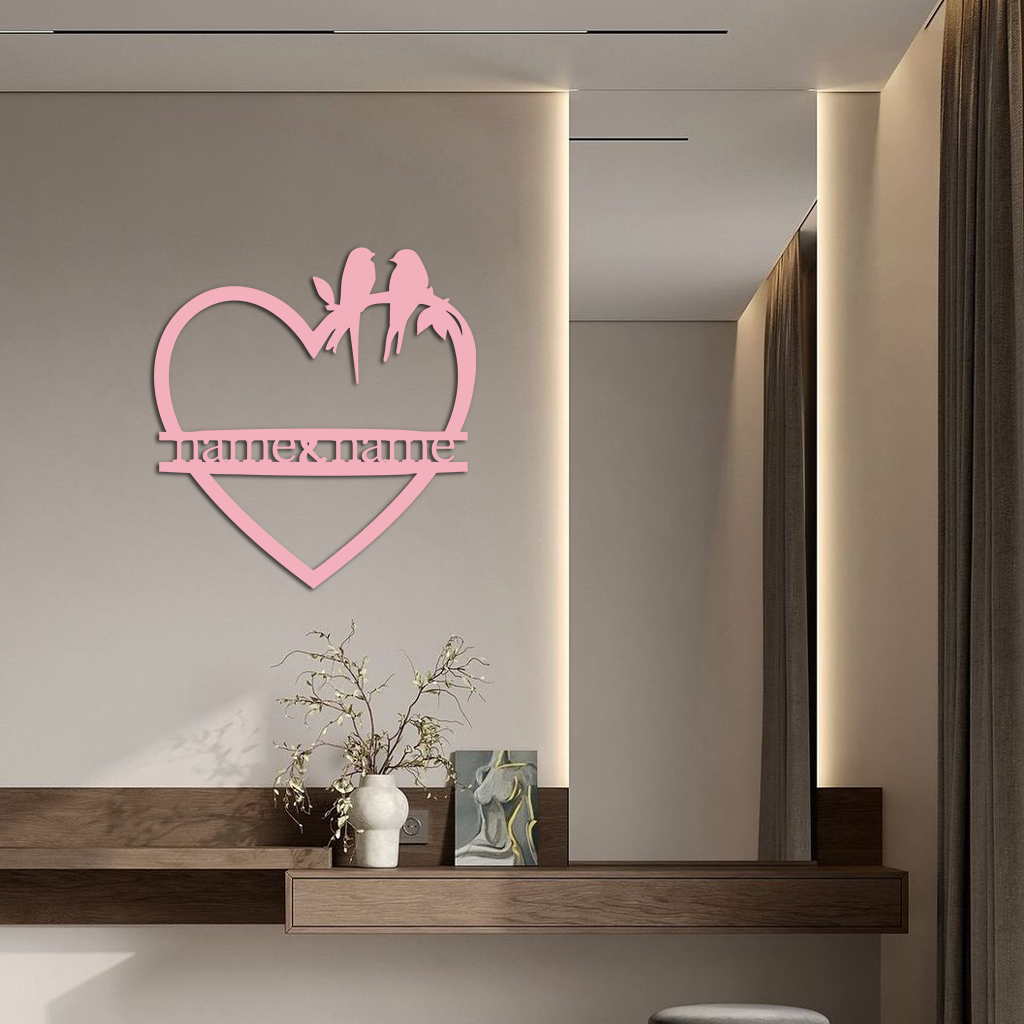 Personalized Heart Metal Wall Art with Birds – Custom Name Couple Gift - KAFGP148