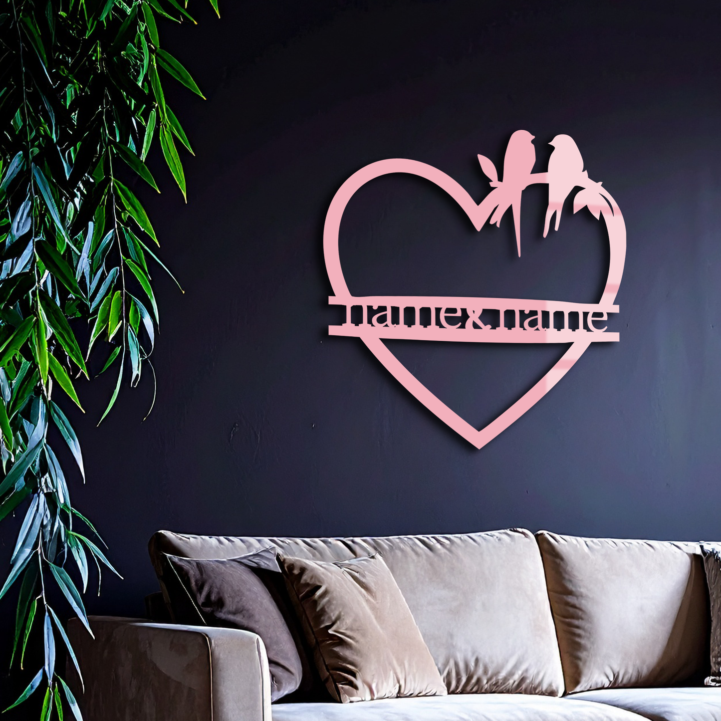 Personalized Heart Metal Wall Art with Birds – Custom Name Couple Gift - KAFGP148
