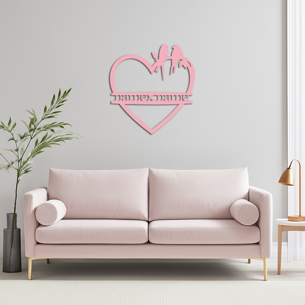 Personalized Heart Metal Wall Art with Birds – Custom Name Couple Gift - KAFGP148