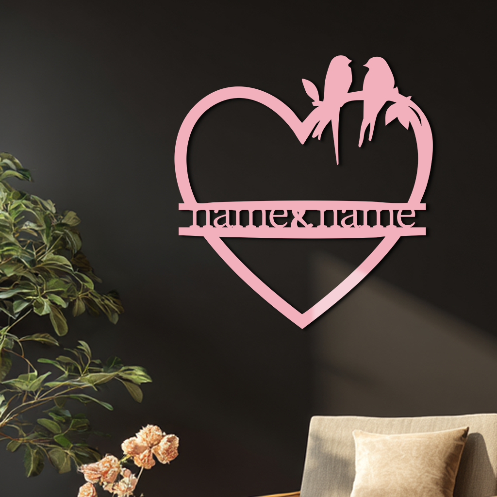 Personalized Heart Metal Wall Art with Birds – Custom Name Couple Gift - KAFGP148