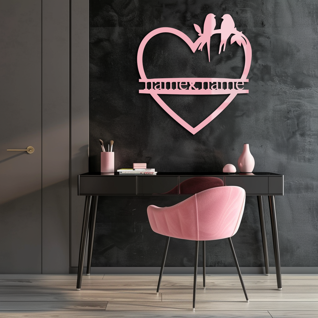 Personalized Heart Metal Wall Art with Birds – Custom Name Couple Gift - KAFGP148