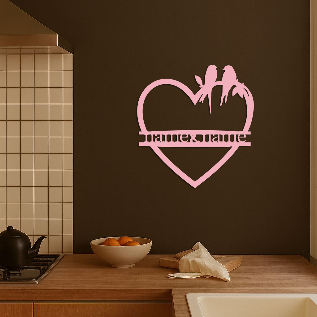 Personalized Heart Metal Wall Art with Birds – Custom Name Couple Gift - KAFGP148