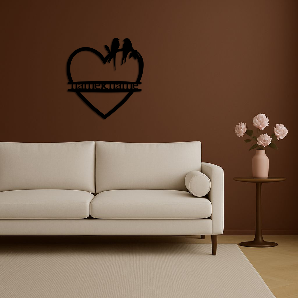 Personalized Heart Metal Wall Art with Birds – Custom Name Couple Gift - KAFGP148