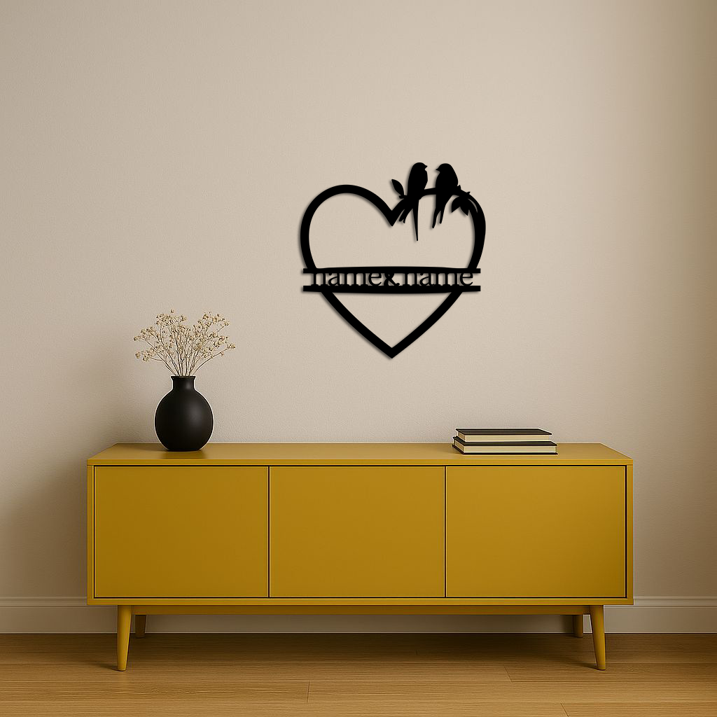 Personalized Heart Metal Wall Art with Birds – Custom Name Couple Gift - KAFGP148