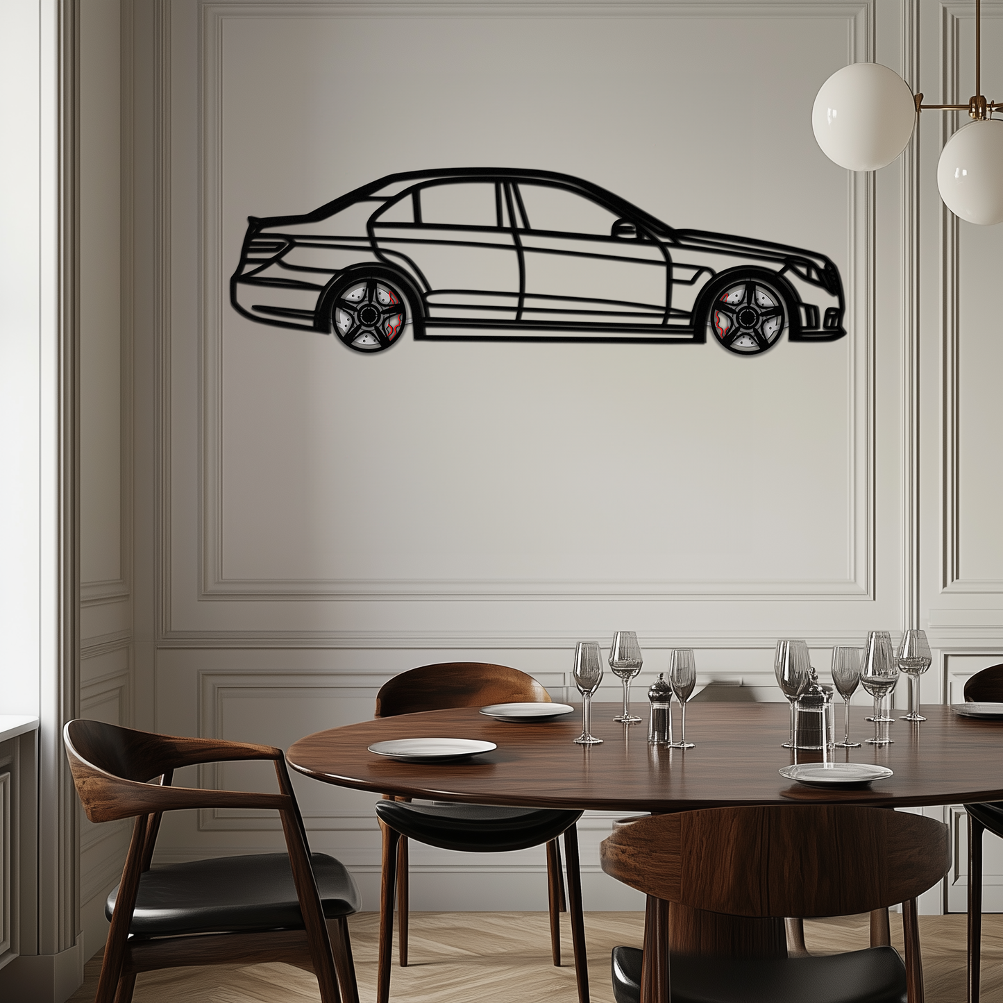 Mercedes E63 AMG Metal Wall Art – Rotating Wheels • Luxury Car Silhouette • Perfect Gift for Mercedes Lovers- KAFMEKA079